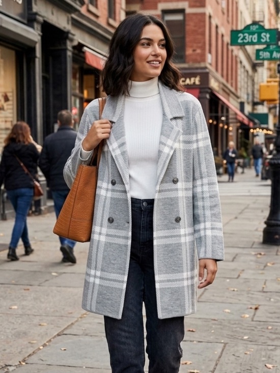 Anne Klein Jackets & Blazers - Anne Klein Gray and White Plaid Double-Breasted Jacket Pea Coat size XL